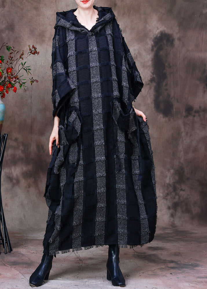 Hooded Patchwork Frayed Edge Pocket Drop Shoulder Long Sleeve Maxi Dress