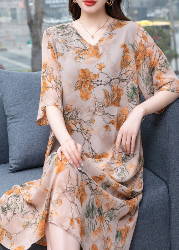 Floral Print V-Neck Elbow Sleeve Loose Shift Midi Dress