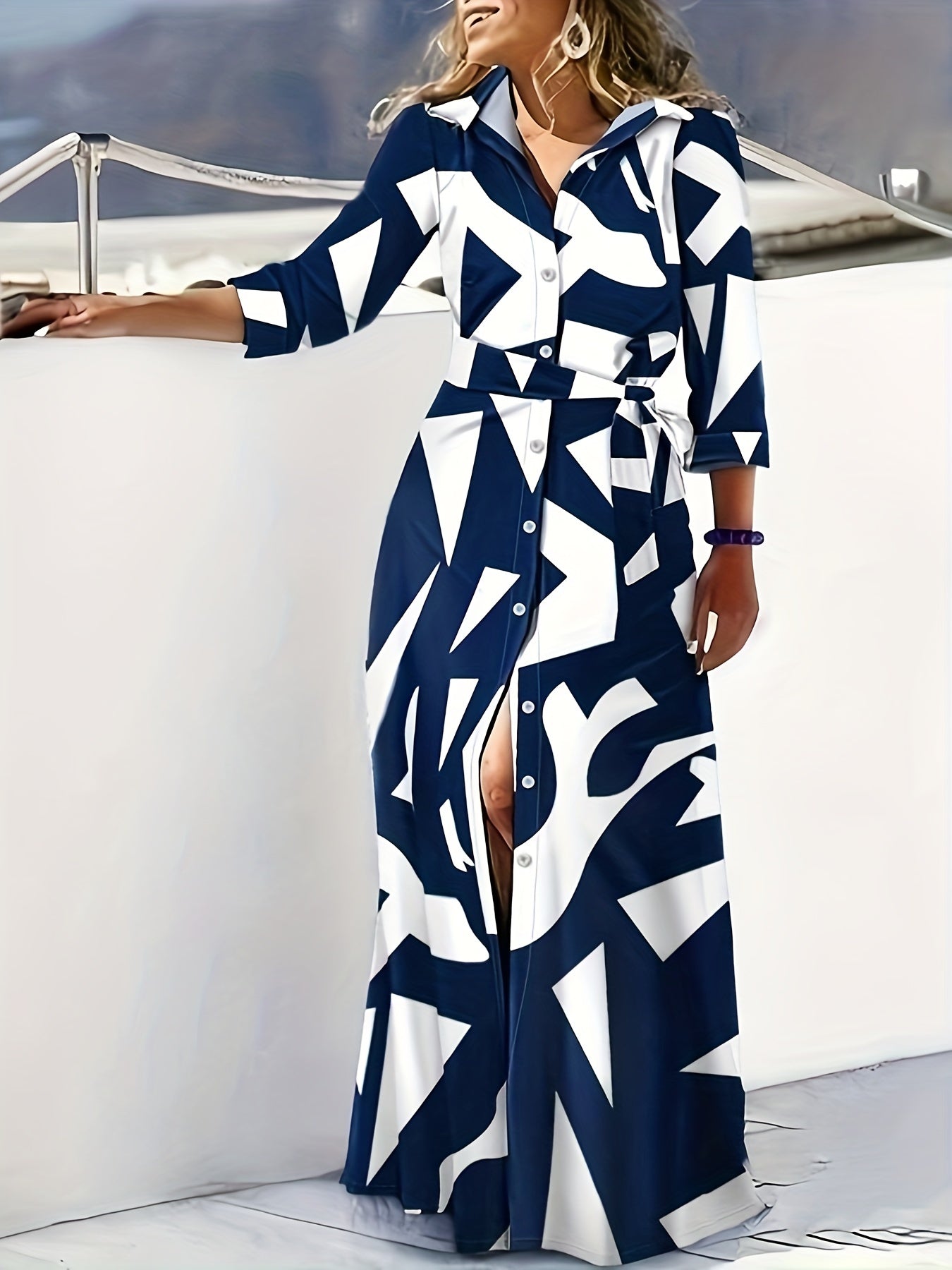 Button Down Tie Waist Long Sleeve Maxi Shirt Dress