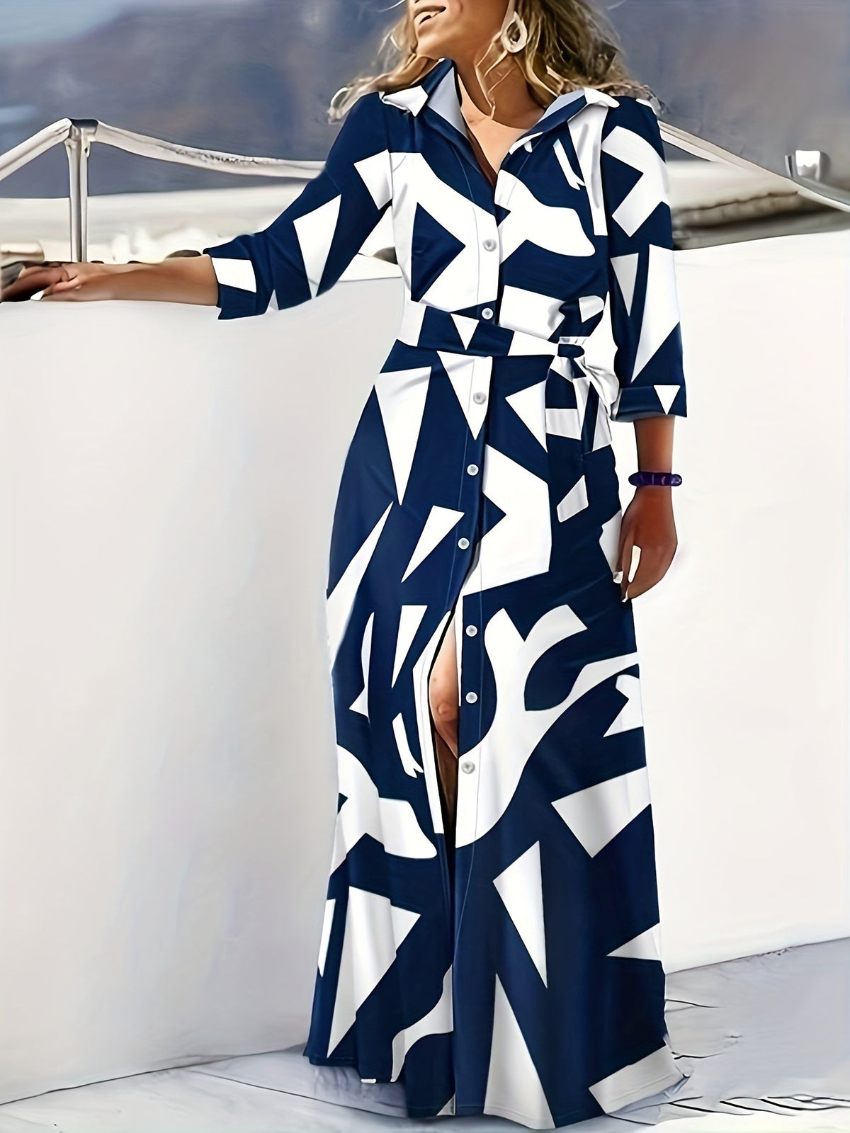 Button Down Tie Waist Long Sleeve Maxi Shirt Dress - View 10
