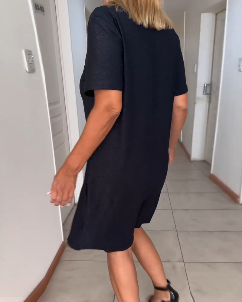 Deep V-Neck Twist Front Short Sleeve Knee Length Dress