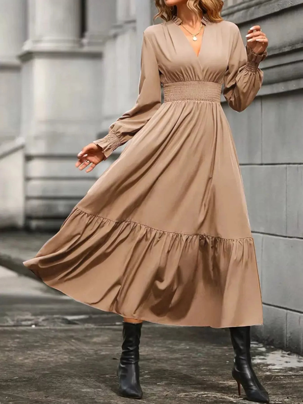 Surplice V-Neck Smocked Waist Balloon Sleeve Tiered Midi Dress 17