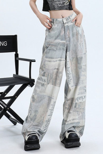 Newspaper Print Wide Leg Jean