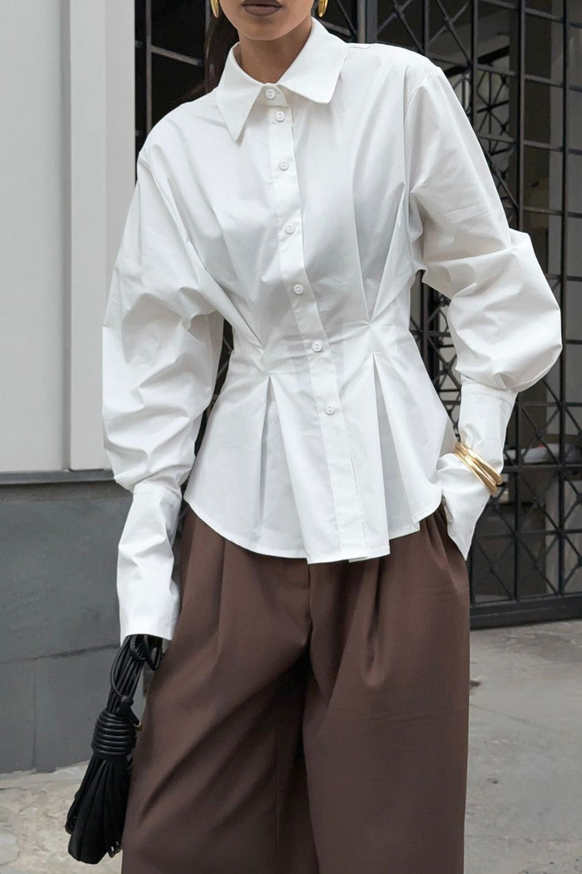 Collared Long Sleeve Pleated Cinched Waist Button Front Shirt 2