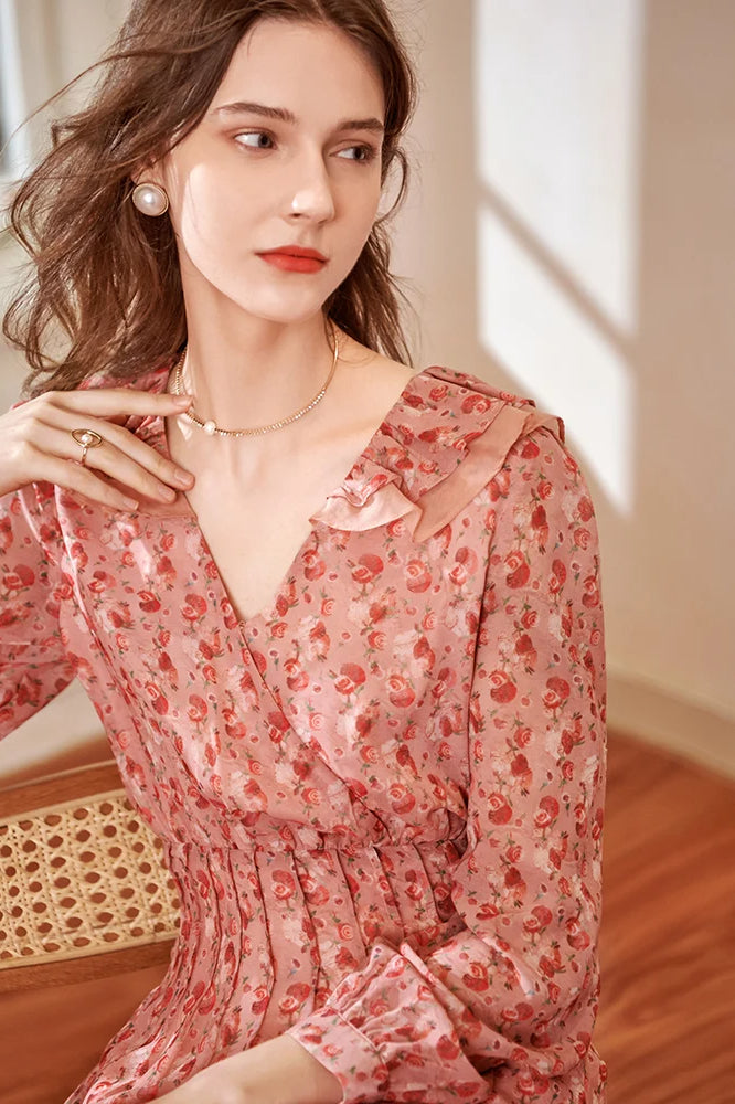 Floral Print Deep V-Neck Ruffle Trim Long Sleeve Fit and Flare Midi Dress