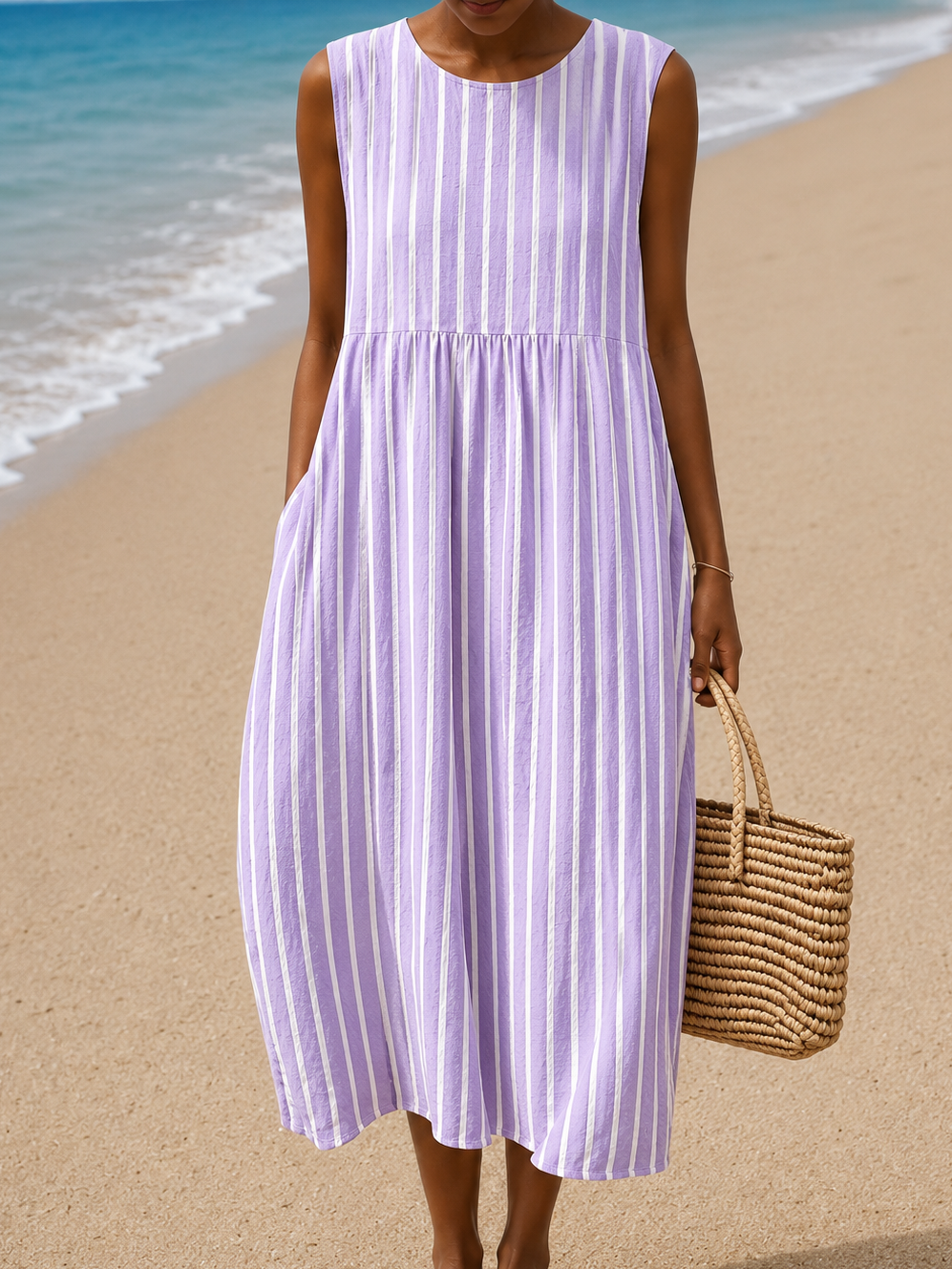 Sleeveless Striped Crew Neck Pocket Midi Dress