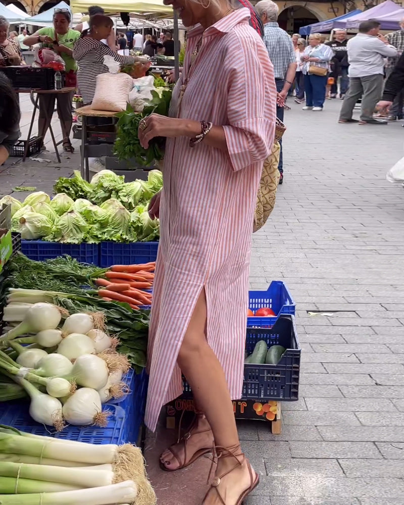 Striped Button Down Collared Three Quarter Sleeve High Split Maxi Shirt Dress