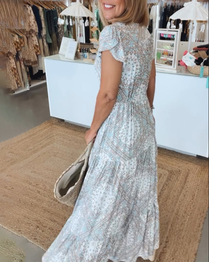 V-Neck Flutter Sleeve Buttoned Tiered Boho Maxi Dress