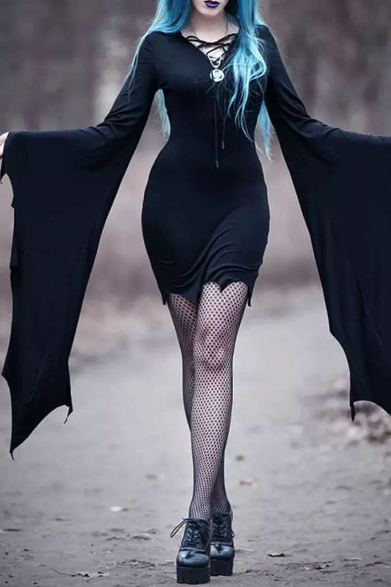 Halloween Color Block Lace Up Batwing Sleeve Bodycon Dress