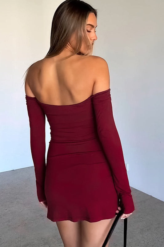 Off Shoulder Sweetheart Long Sleeve Twist Ruched Bodycon Mini Cocktail Dress