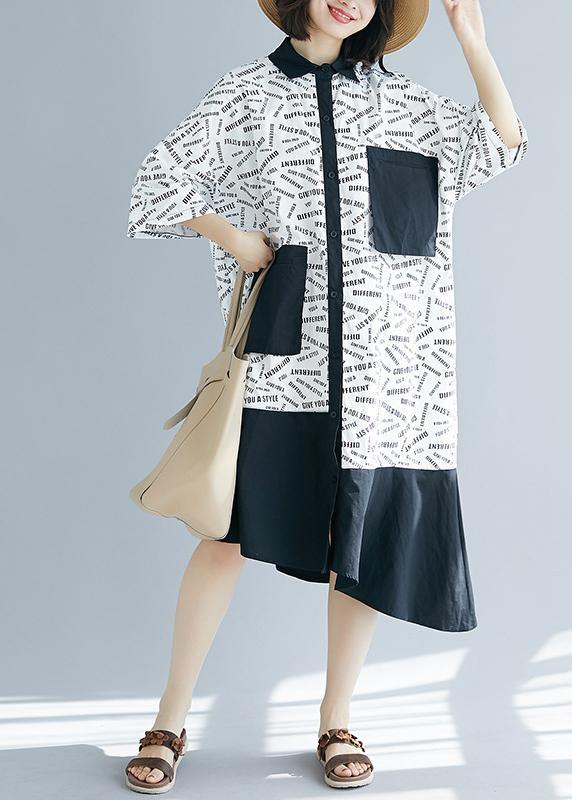 Typography Print Asymmetric Hem Patch Pocket Collar Button Down Short Sleeve Shirt Dress
