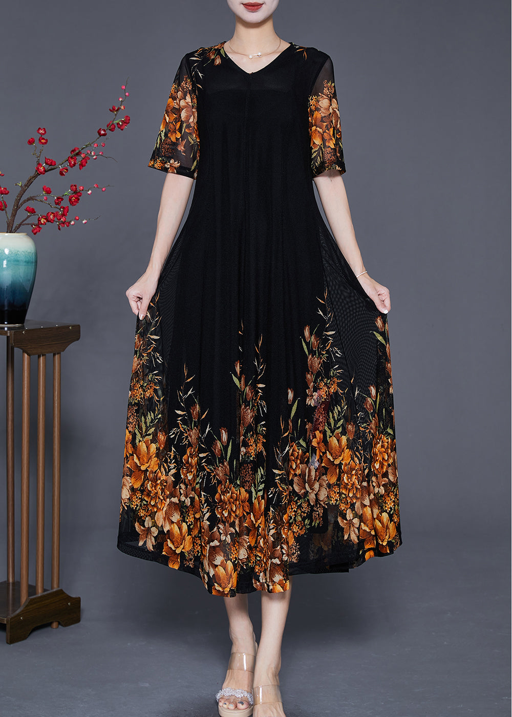 Mesh Elbow Sleeve V-Neck Band Hem A-Line Midi Dress