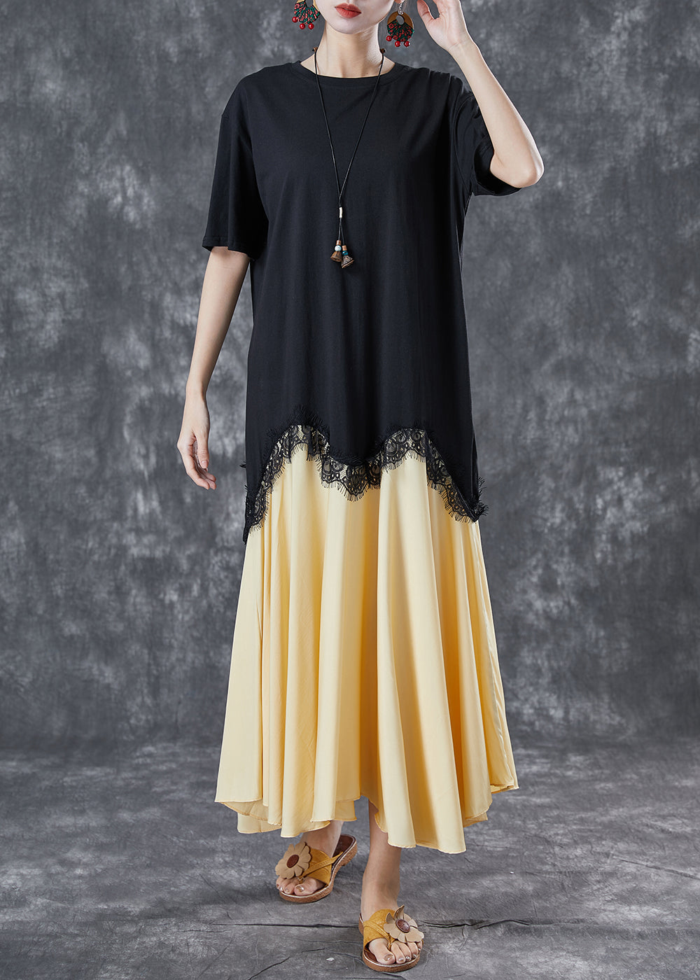 Faux Two Piece Scalloped Lace Trim Pleated A-Line Midi Dress