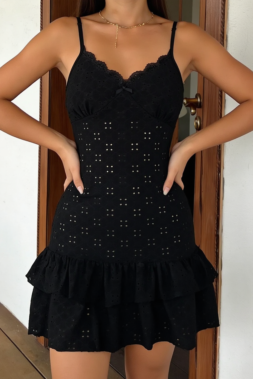 Lace Panel Cutout V Neck Bow Tiered Slip Dress