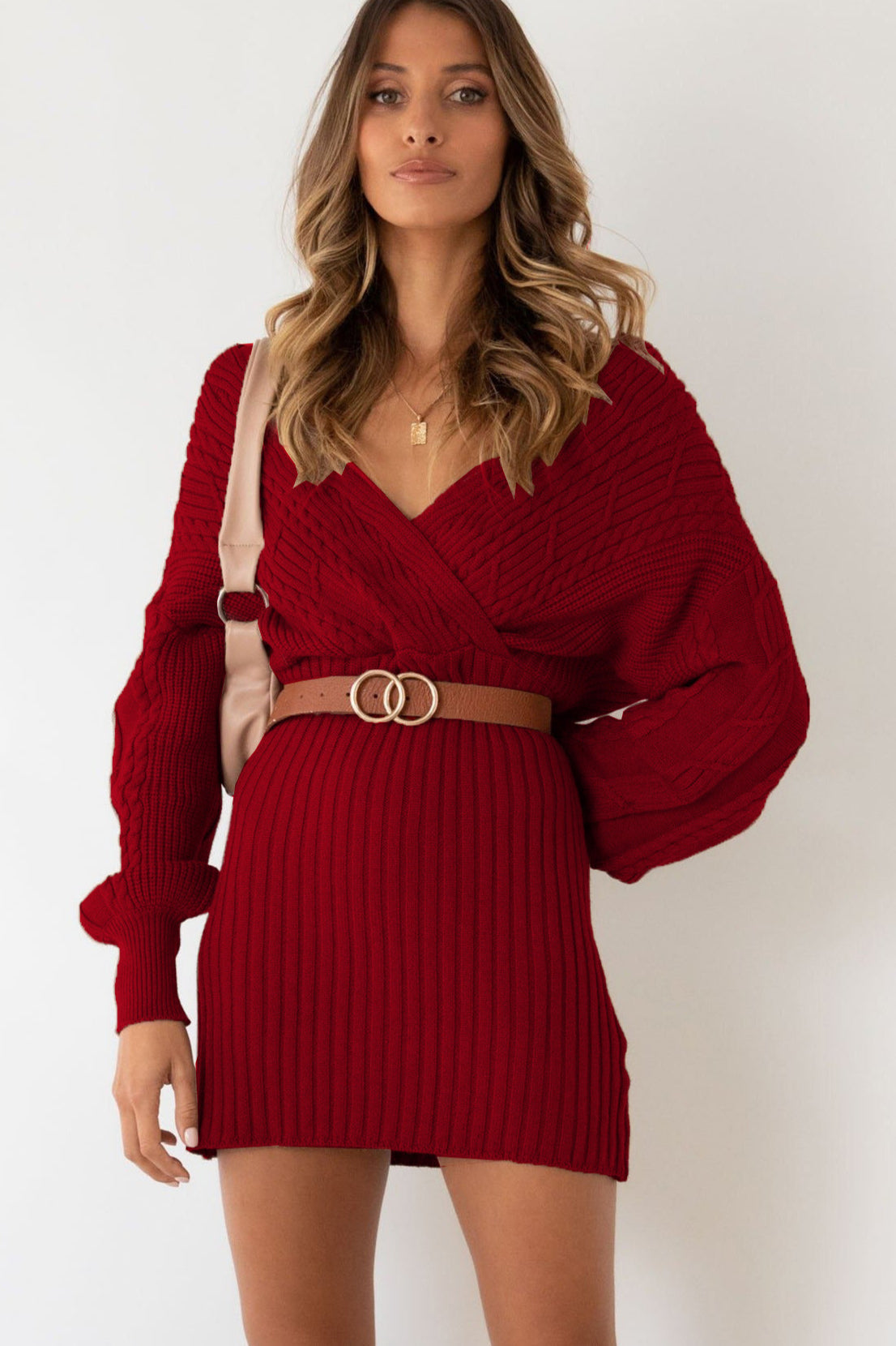 Knit Cable V Neck Bodycon Midi Dress