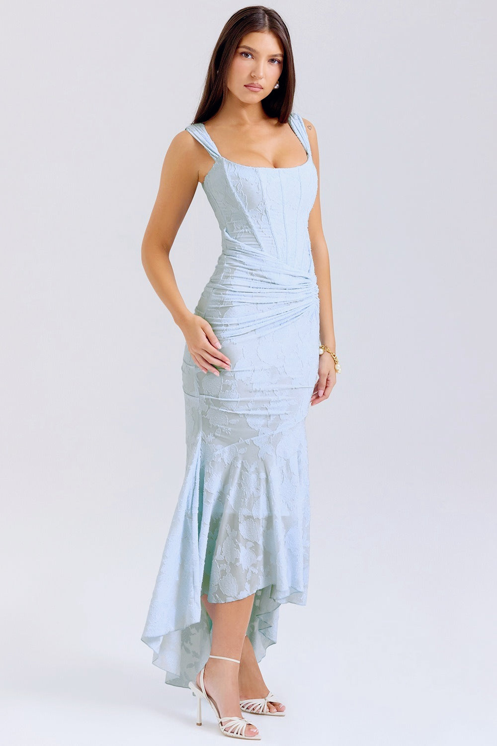 Velvet Square Neck Ruched Waist Lace Midi Dress