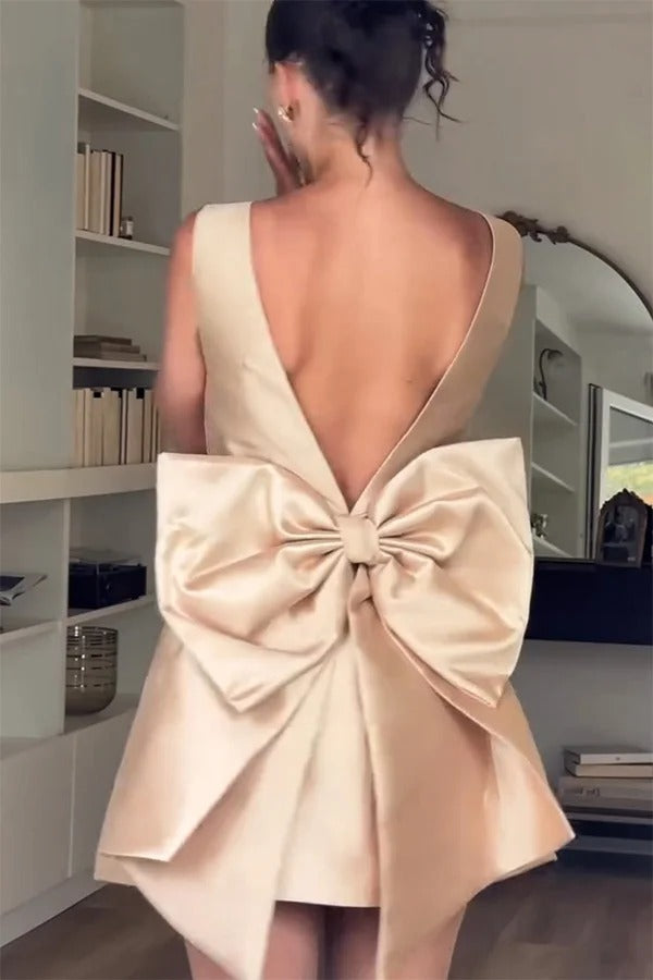 Satin Sleeveless V-Back Oversized Bow Backless Mini Dress 3