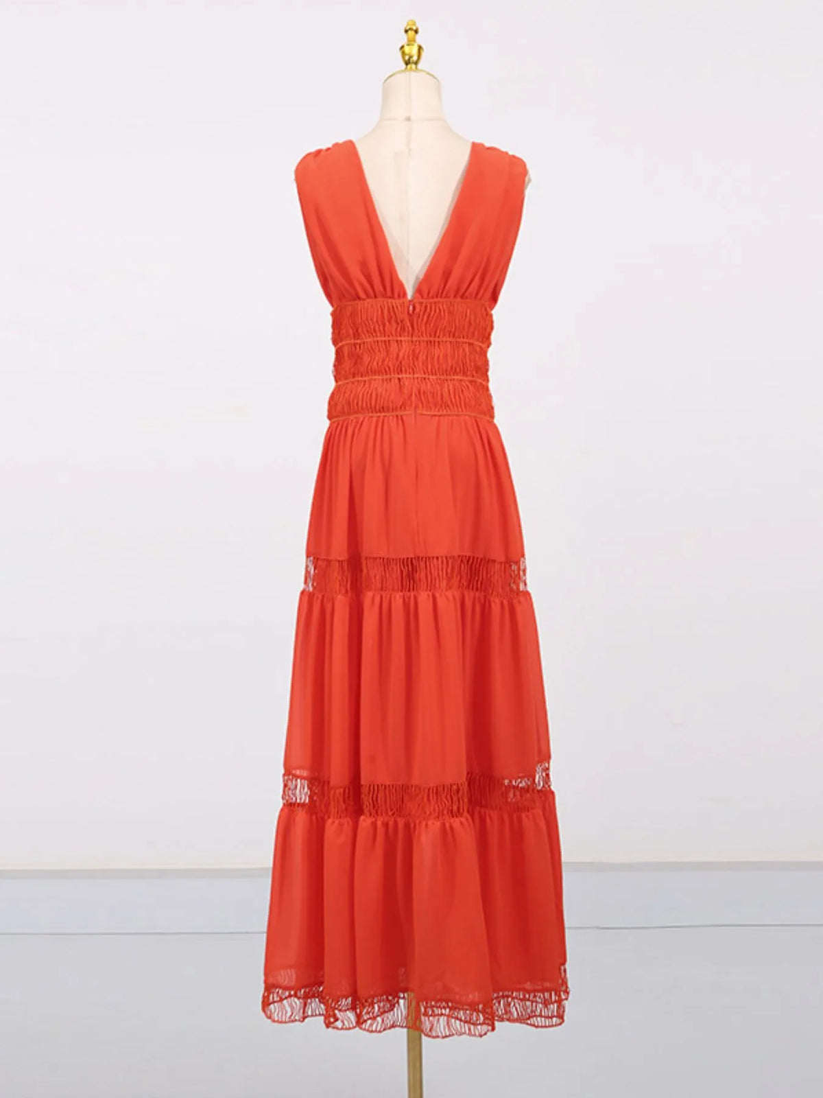 Deep V-Neck Sleeveless Smocked Waist Ladder Trim Tiered Maxi Dress 16