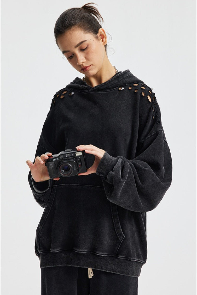 Ripped Washed Snow Print Hoodie