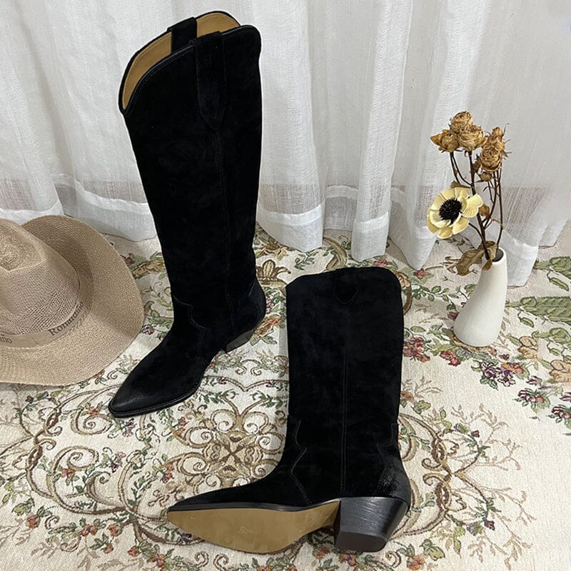 Womens Western Suede Knee High Boots Block Heel - Khaki/Black/Grey/Brown Cowgirl Boots All Genuine Leather