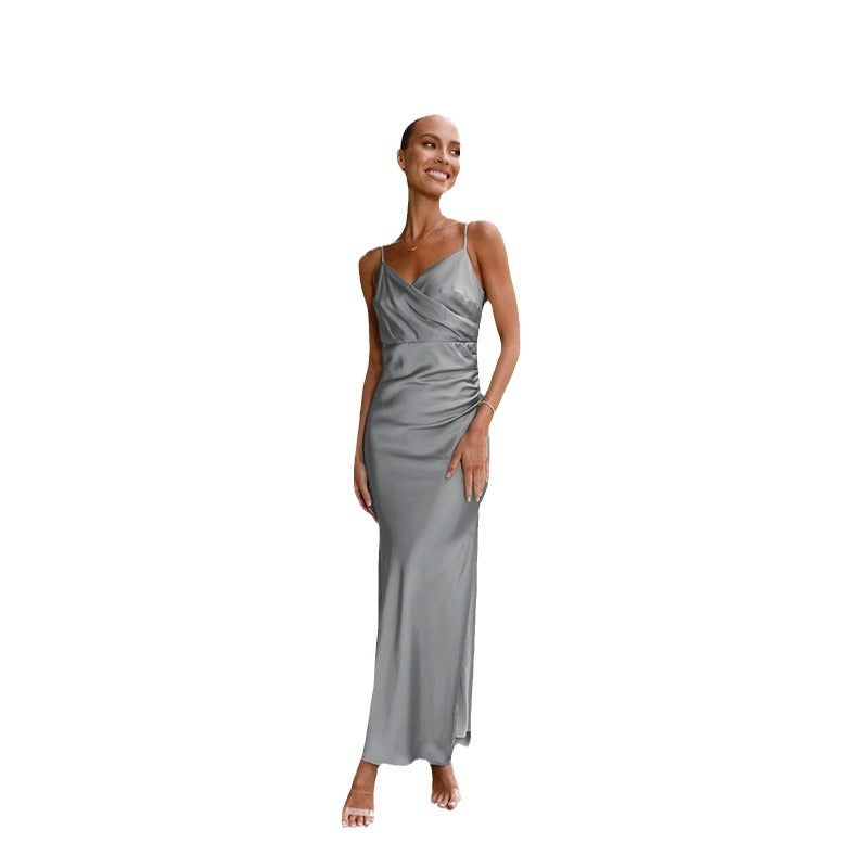 Spaghetti Strap Surplice V-Neck Ruched Side High Split Satin Maxi Dress