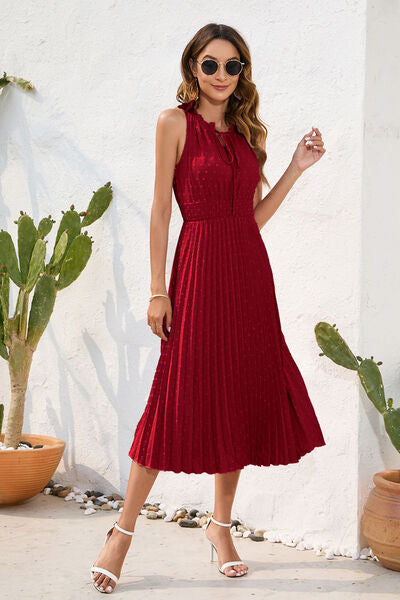 Swiss Dot Tie Neck Sleeveless Dress Wine