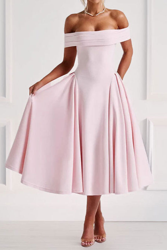 OffShoulder WaistCinched Solid Party Dress