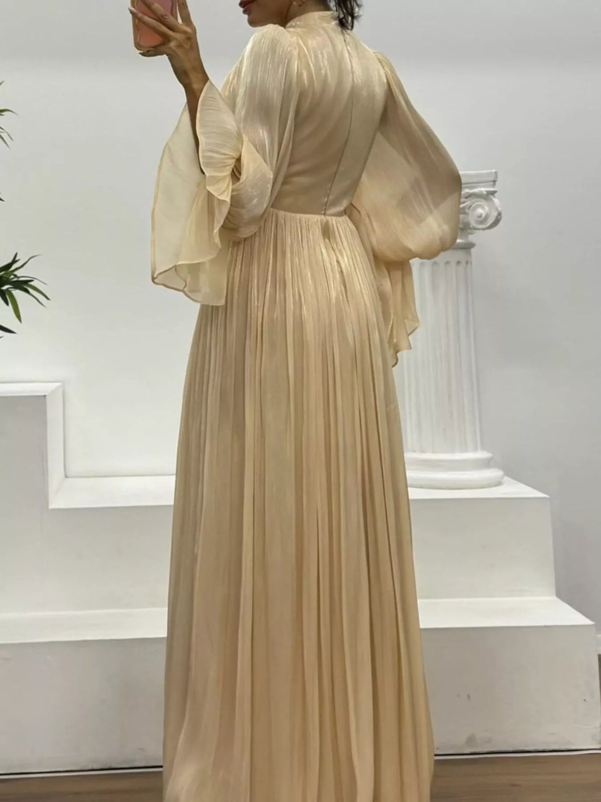 Pleated Satin Mock Neck Flared Bell Sleeve Twist Waist Maxi Gown 4
