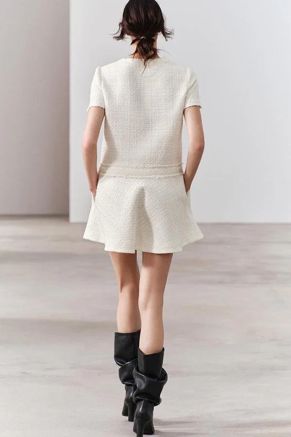 Textured Boucle Gold Button Short Sleeve A-Line Mini Dress