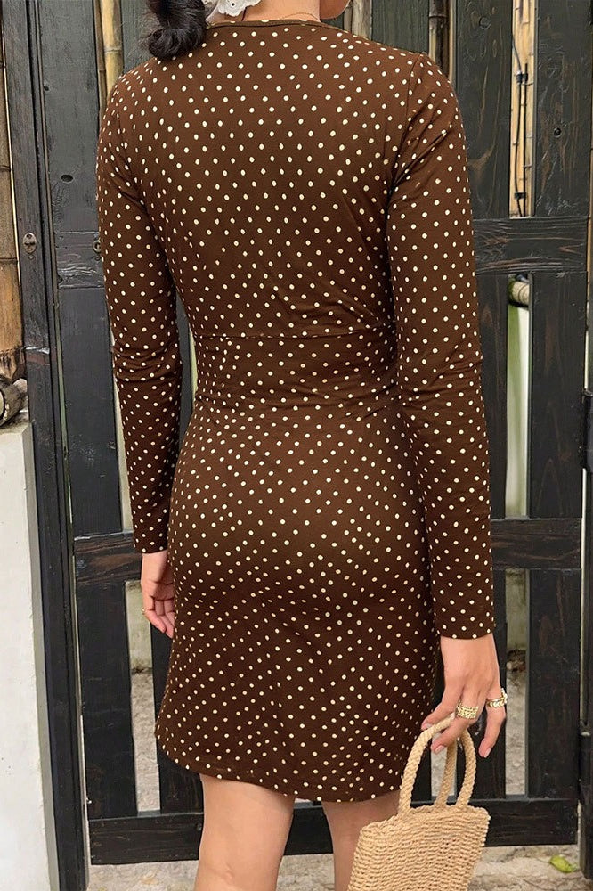 Polka Dot V-Neck Lace Trim Bodycon Mini Dress - View 3