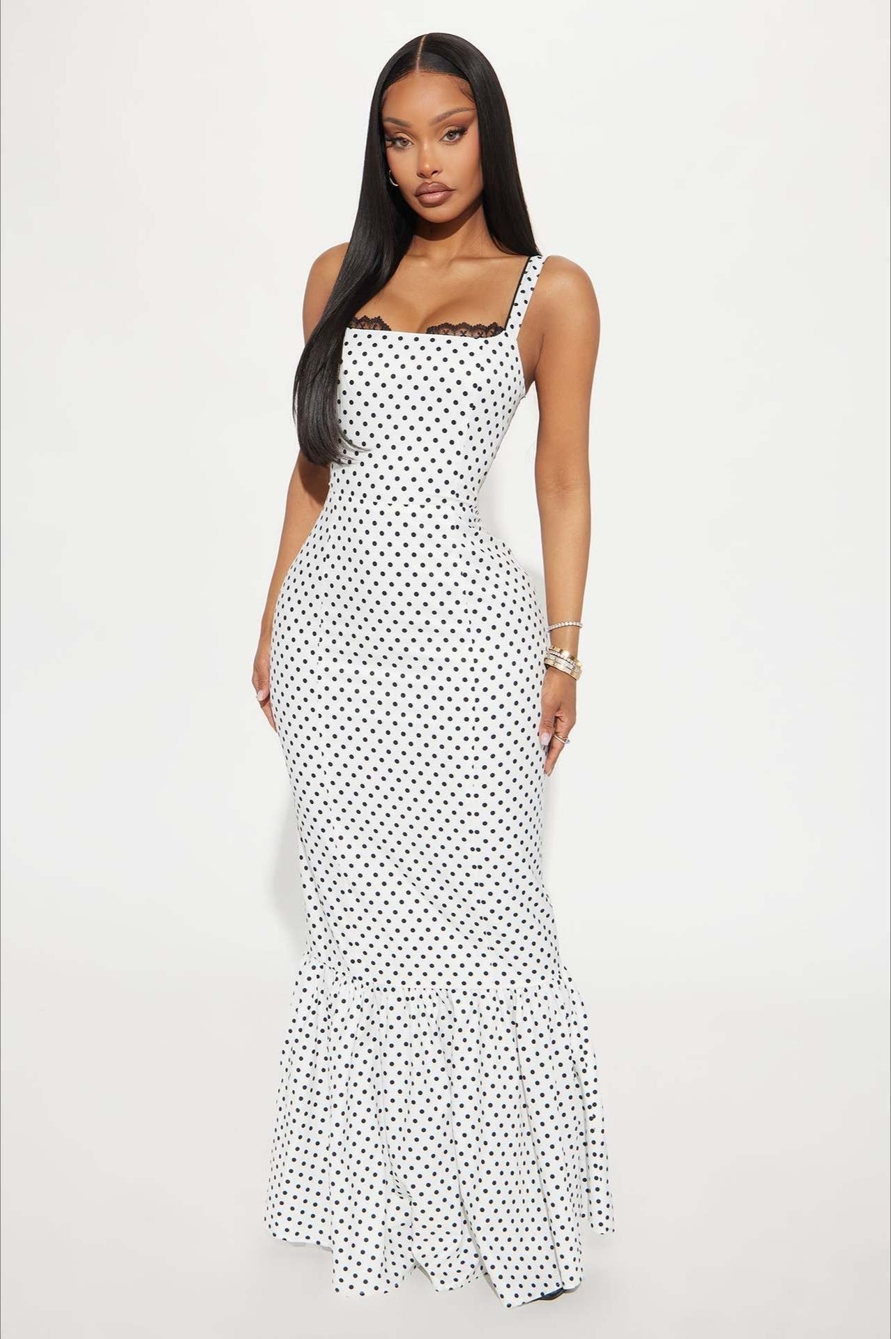 Polka Dot Lace Trim Square Neck Spaghetti Strap Mermaid Maxi Dress