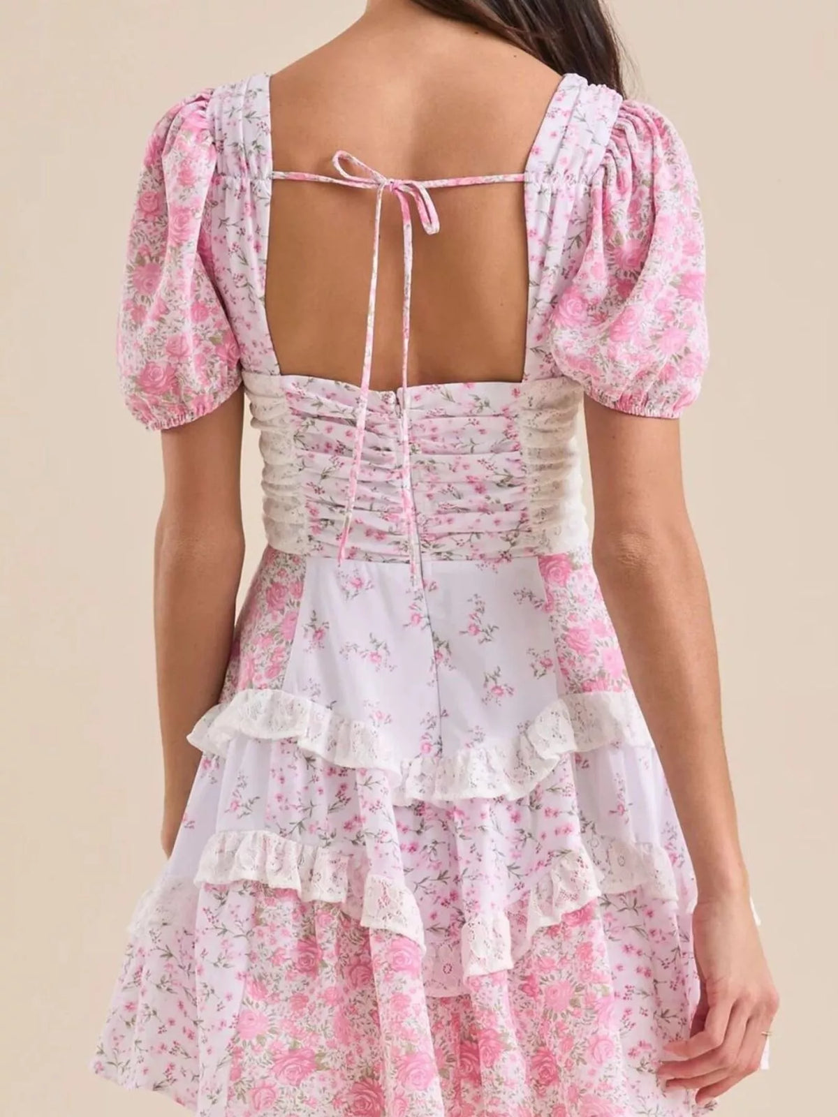 Floral Print Lace Trim Sweetheart Puff Sleeve Tiered Mini Dress 21