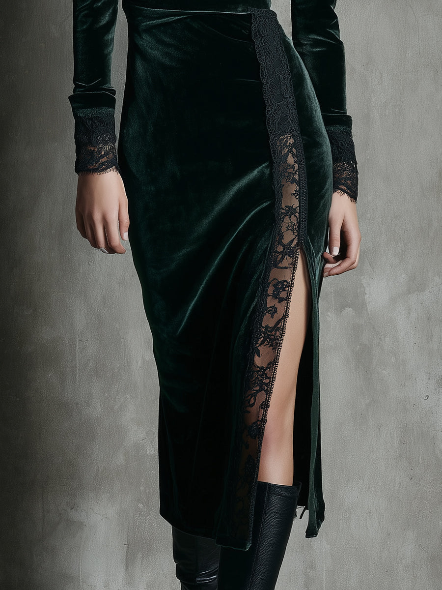 Elegant Velvet Midi Dress With Side Slits And Lace Trim