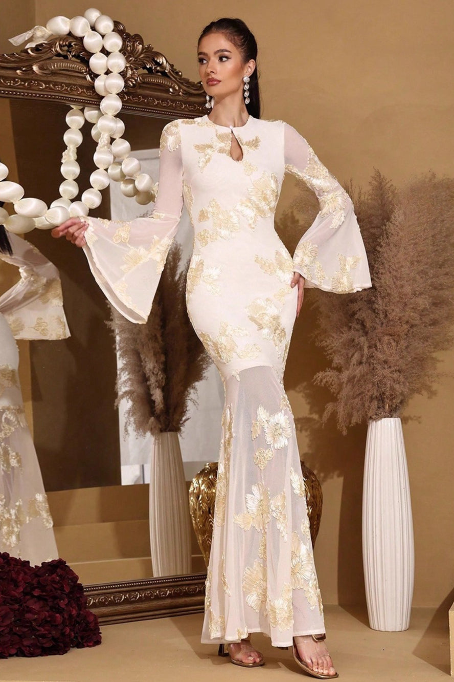 Embroidered Mesh Keyhole Bell Sleeve Mermaid Gown