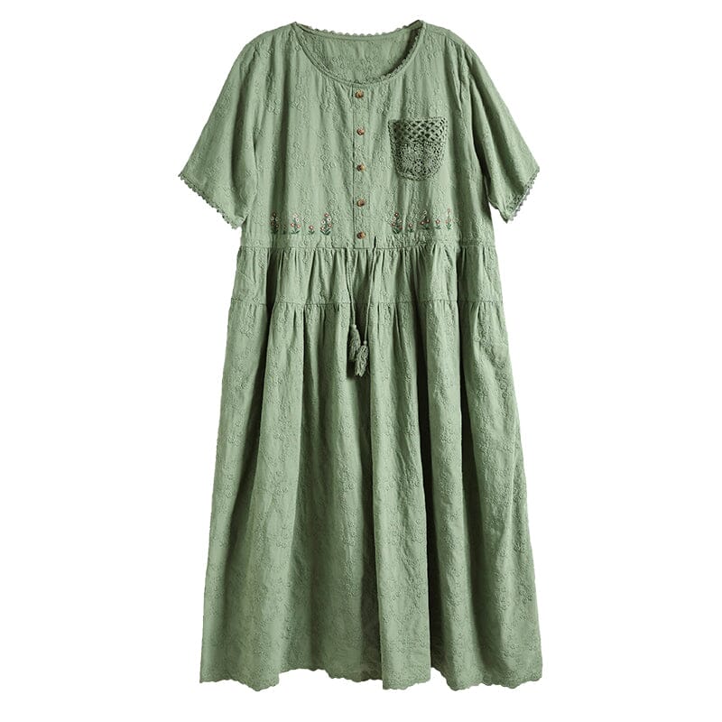 Embroidered Floral Scallop Trim Button Front Drawstring Waist Tiered Midi Dress