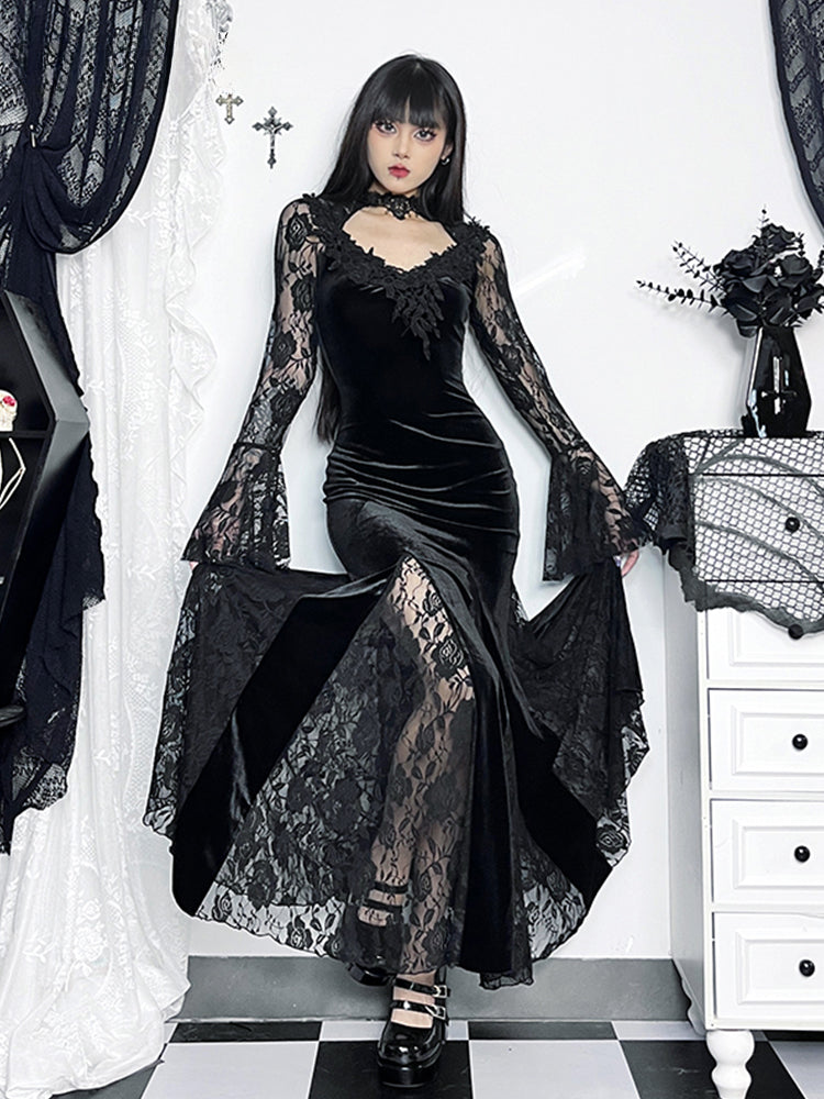 Velvet Deep V-Neck Bell Sleeve Lace Trim Mermaid Maxi Gown
