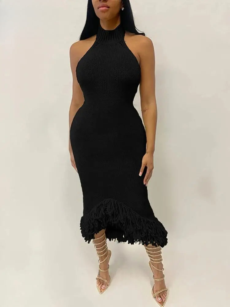 Knit Halter Neck Backless Tassel Fringe Hem Midi Dress