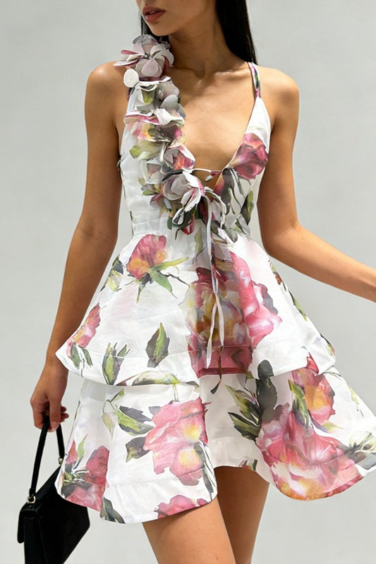 Floral Deep V-Neck Spaghetti Strap Tiered Ruffle Corset Mini Dress