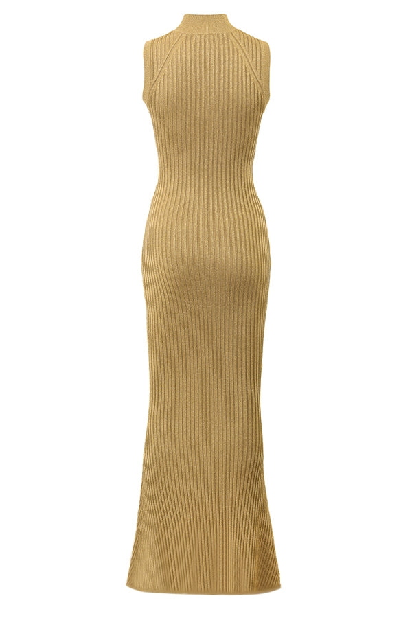 Metallic Ribbed Knit Mock Neck Sleeveless Bodycon Maxi Dress 11