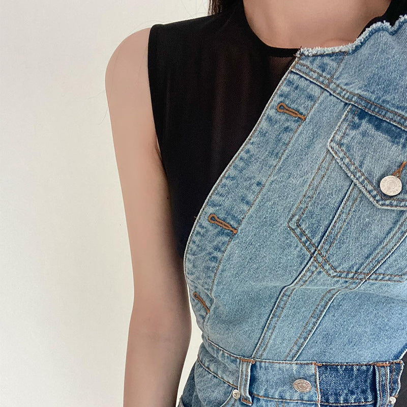 Patchwork Denim Overlay Sleeveless Sheer Mesh Bodycon Mini Dress 5