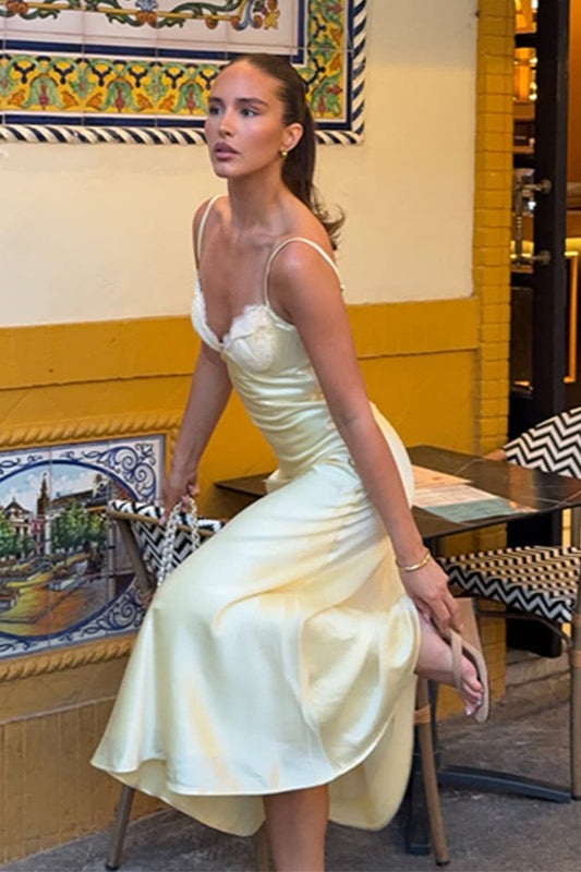 Yellow Lace Panel Satin Cami Maxi Lace Dress