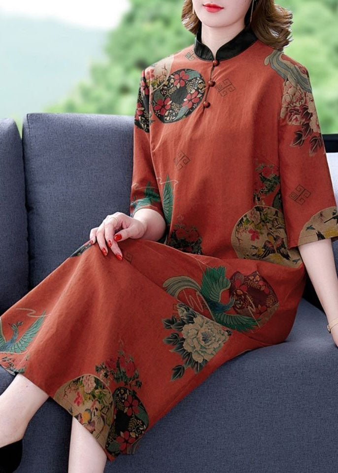 Medallion Print Mandarin Collar Frog Button Half Sleeve Relaxed Midi Dress