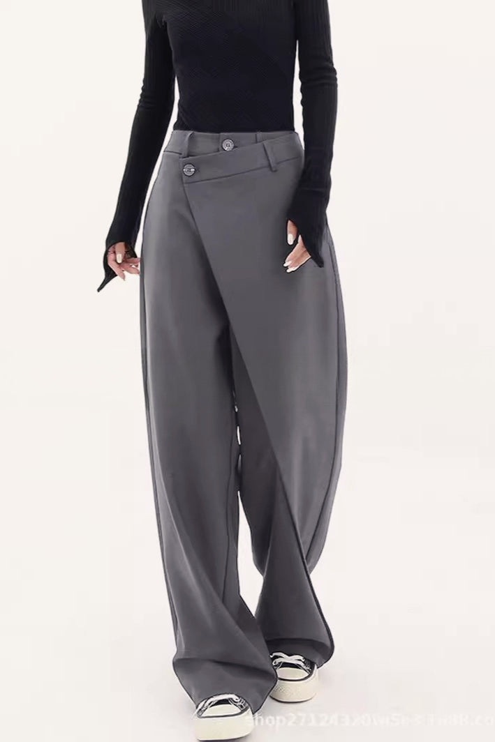 Asymmetric Wrap Front Button Waist Wide Leg Trousers 2