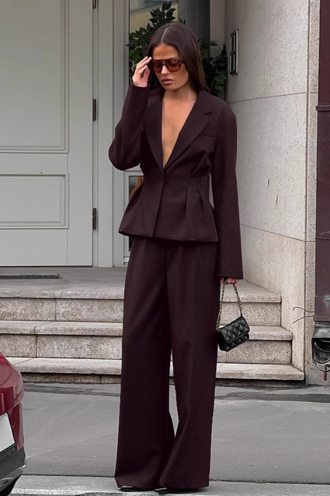 Cinched Waist Single Button Blazer and Wide Leg Pants Two Piece Set