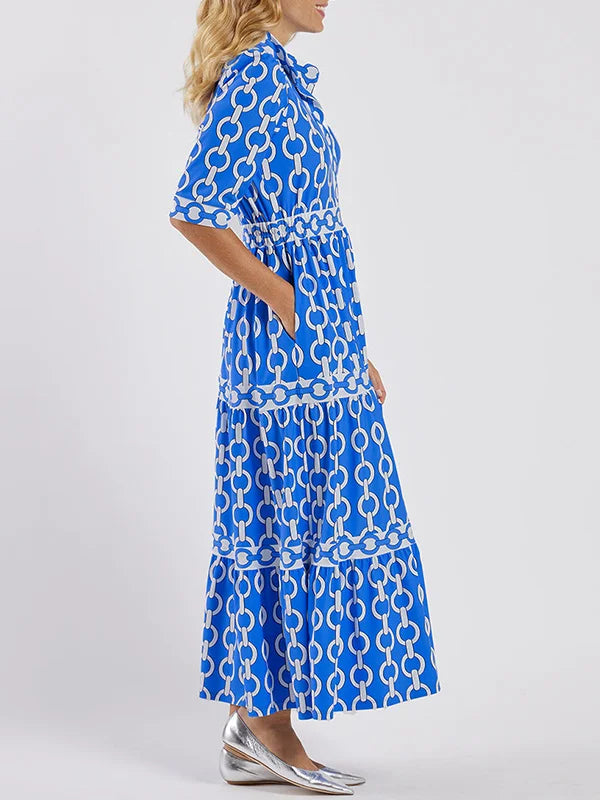 Chain Link Print Collared Long Sleeve Tiered Maxi Dress