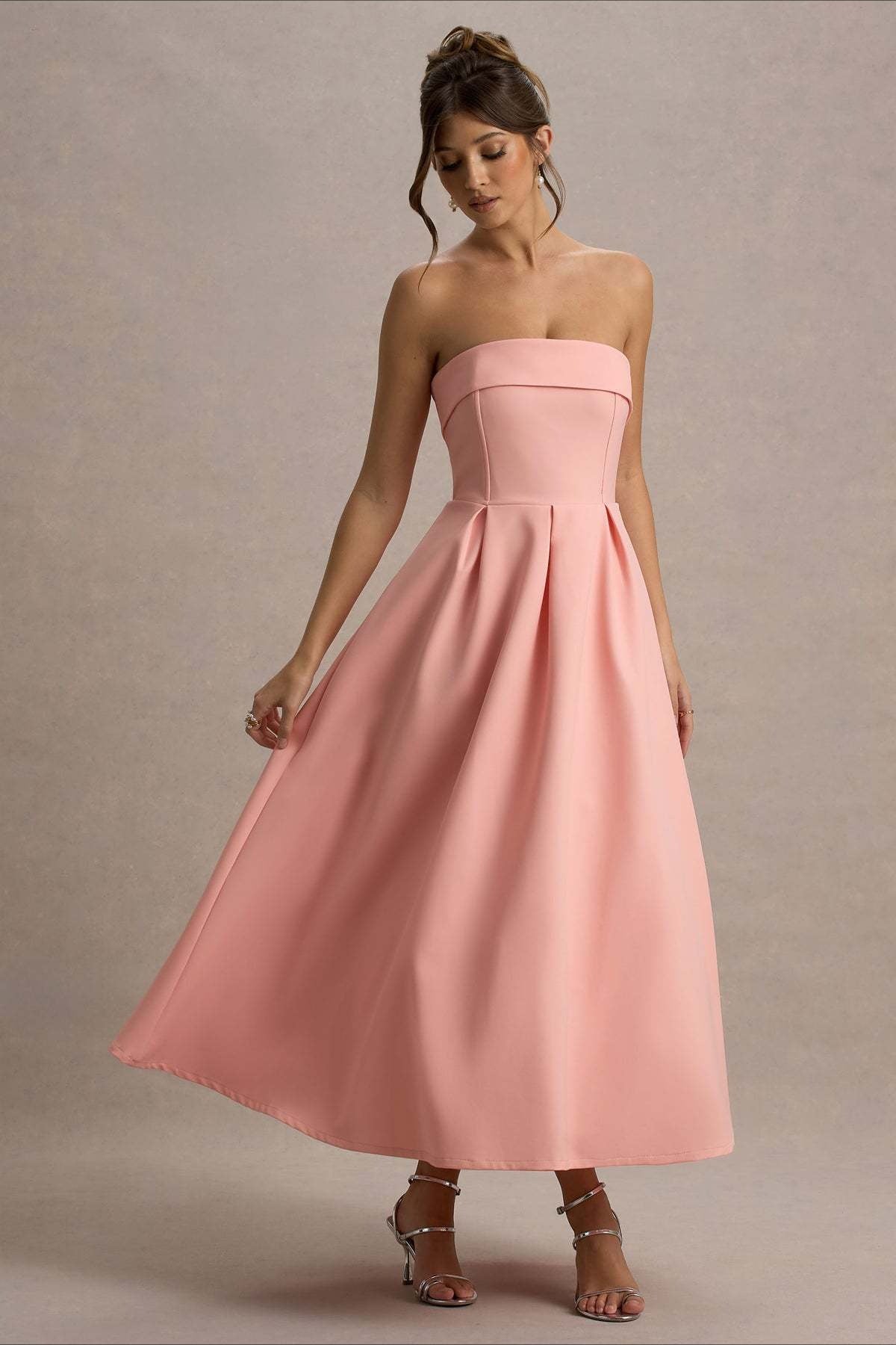 Strapless Fold Over Neck Box Pleat A-Line Midi Cocktail Dress