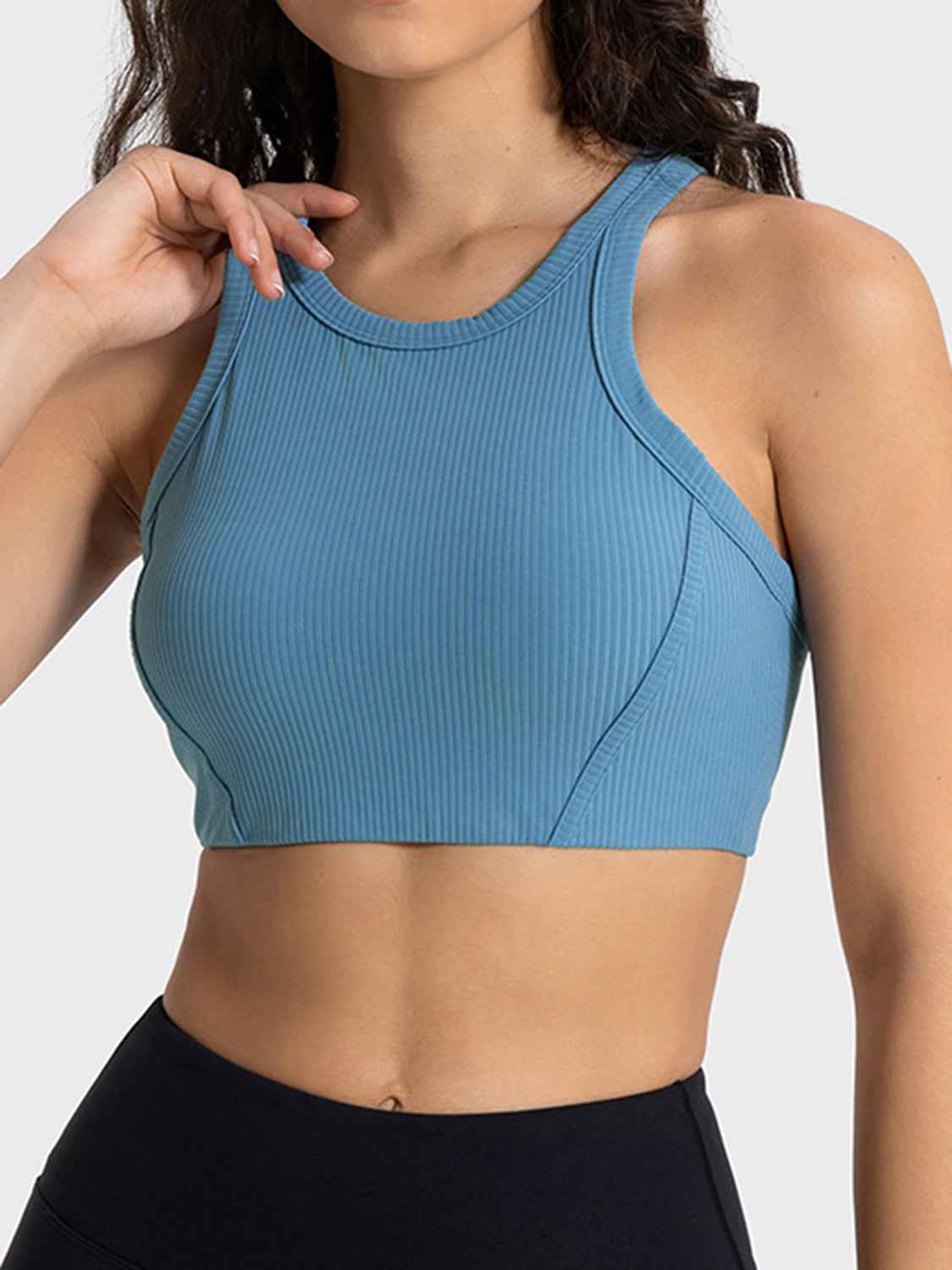 Ribbed Round Neck Wide Strap Cropped Sport Tank Top 11