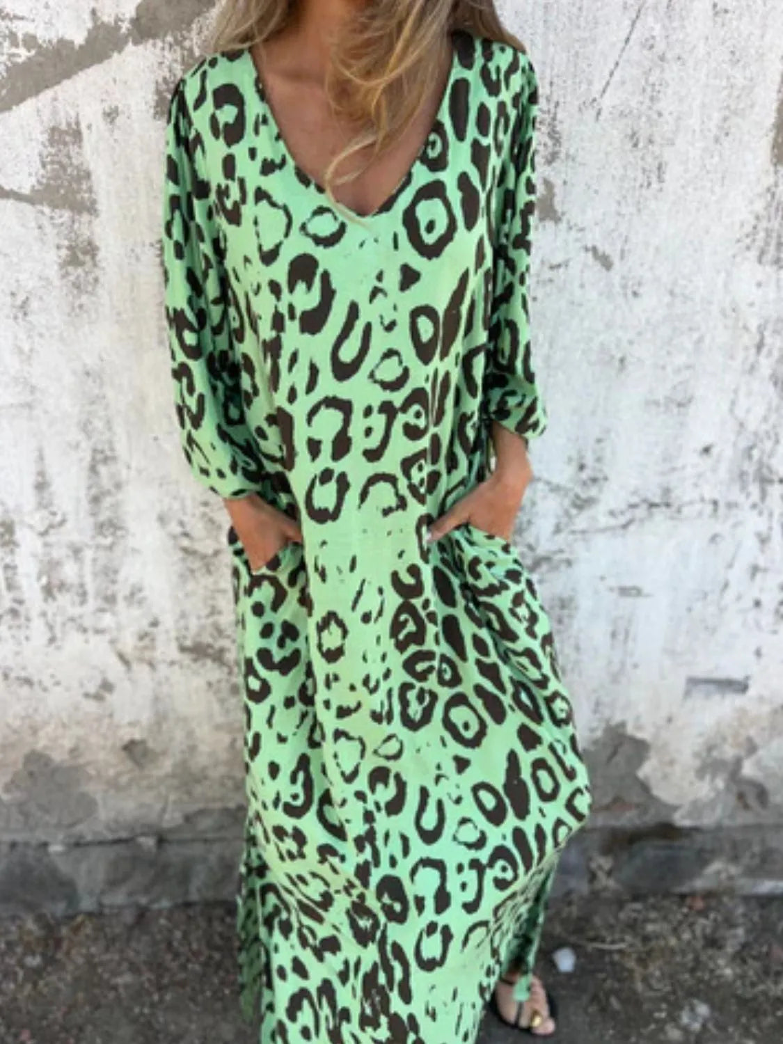 Full Size Printed V-Neck Dress with Pockets Plus Size Neon Green