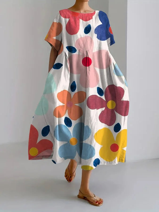 Floral Print Round Neck Short Sleeve Pocket Midi Dress