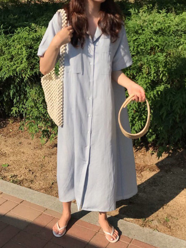 Notched Collar Button Front Patch Pocket Rolled Short Sleeve Maxi Shirt Dress